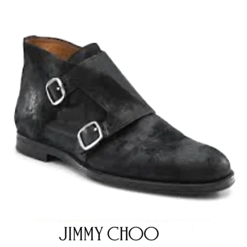 JIMMY CHOO Men Black Double Monk Strap Waxed Suede Leather Chukka Boots Sz 42 - Picture 1 of 16
